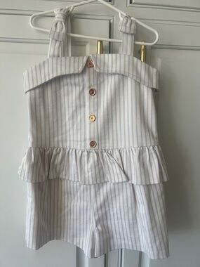 Janie and Jack White & Tan Striped Ruffle Romper